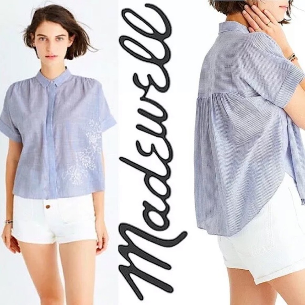 Madewell Hilltop Striped Blue and White Embroidered Top, Size Large